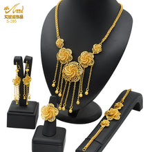 Load image into Gallery viewer, Luxury Dubai Jewelry Set 24K Gold Plated Big Nigerian Indian Necklaces Earrings Rings Sets Flower With Tassel Jewellery Wedding