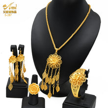 Load image into Gallery viewer, Luxury Dubai Jewelry Set 24K Gold Plated Big Nigerian Indian Necklaces Earrings Rings Sets Flower With Tassel Jewellery Wedding