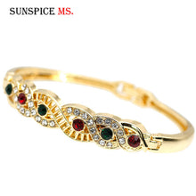 Load image into Gallery viewer, Sunspicems 18K Gold Color Arabic Cuff Bracelet For Women Algeria Morocco Bride Wedding Jewelry DuBai Rhinestone Thin Bangles