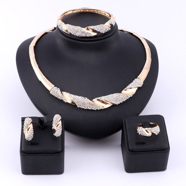 Wedding Bridal Jewelry Set Dubai Gold Color Crystal Women Party Necklace Bangle Earring Ring Fine African Beads Jewelry Set