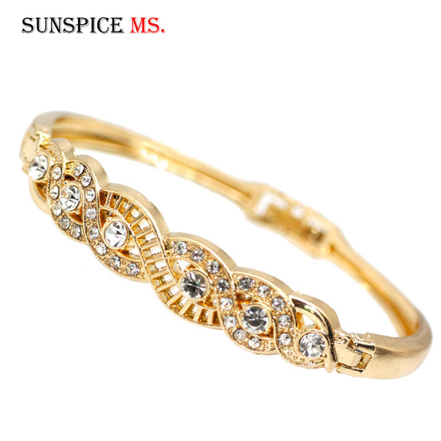 Sunspicems 18K Gold Color Arabic Cuff Bracelet For Women Algeria Morocco Bride Wedding Jewelry DuBai Rhinestone Thin Bangles