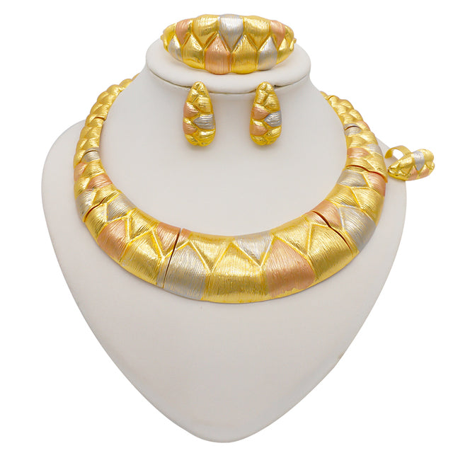 Wedding Jewelry Set For Women Dubai Gold Bridal Necklace Earrings Ring Bracelet For Party Jewelry Gift