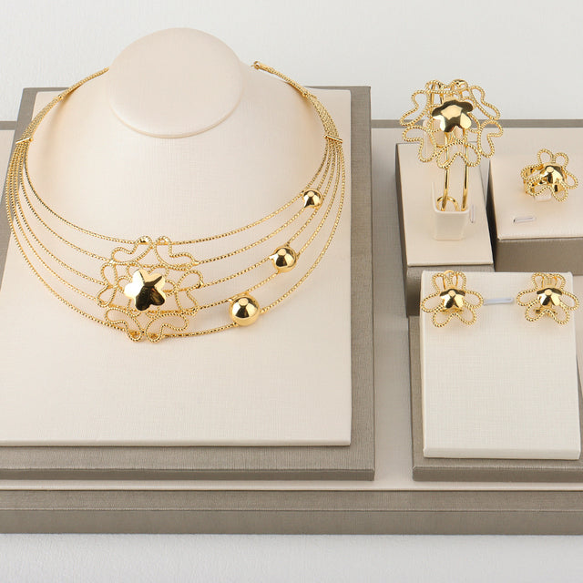 Dubai Gold Jewelry Set for Women Gold Plated Necklace Flower Earrings Bracelet Ring Jewelry for Nigerian Bridal Engagement Party