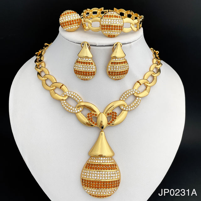 Dubai Gold Color Jewelry Sets For Women Ring Link Large Pendant Necklac Earrings Set Beautiful Wedding Party Gift