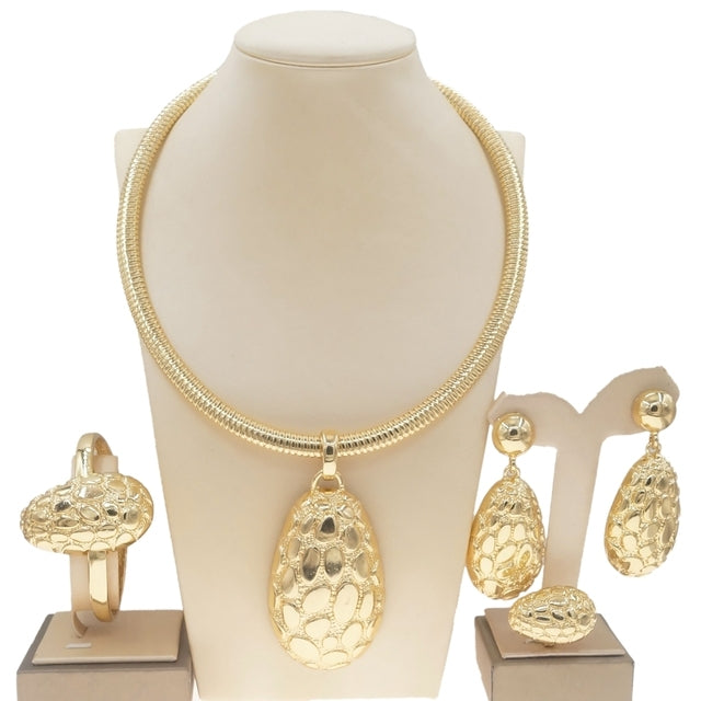 The Latest Dubai Gold Plated Gold Jewelry Set Ladies Necklace Ring Earrings Wedding Banquet Jewelry H0060