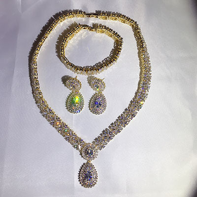 NEW Exclusive Dubai Gold Color Jewellery Luxury Cubic Zirconia Necklace Earring Bracelet Party Jewelry Set For Women
